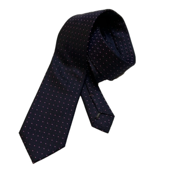 Hudson Room Men's Navy with  Pink Polka Dot Neck Tie - Picture 1 of 6